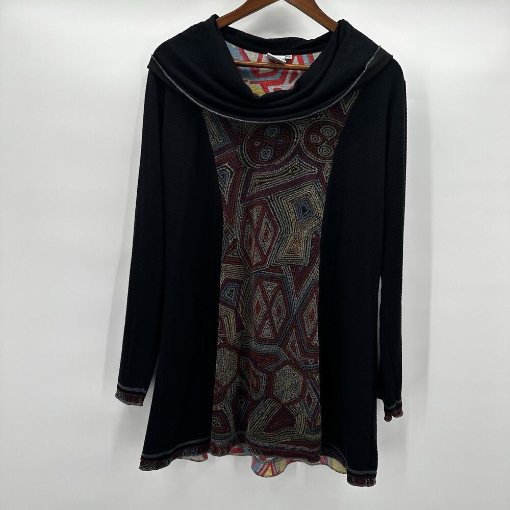 Parsley Sage‎ Shirt Top Womens XL Black Multicolor Tunic Cowl Art Lagenlook